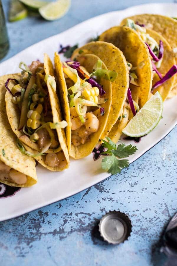 Seafood Tacos with Lime-Green Chile Sauce + Grilled Corn Slaw | halfbakedharvest.com @hbharvest