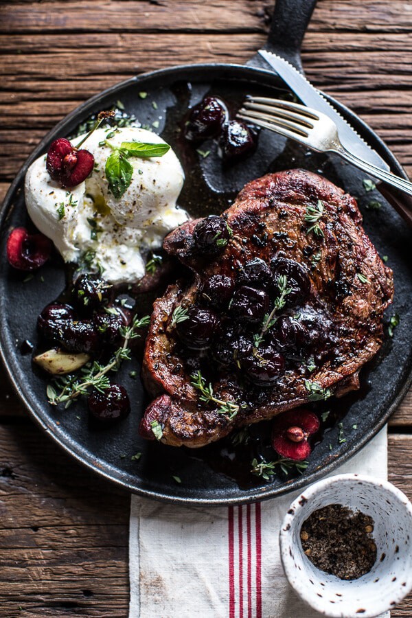 Smoked Ancho Chile Salted Steaks with Drunken Burst Sweet Cherries + Burrata-6
