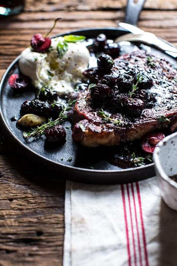 Smoked Ancho Chile Salted Steaks with Drunken Burst Sweet Cherries + Burrata | @hbharvest