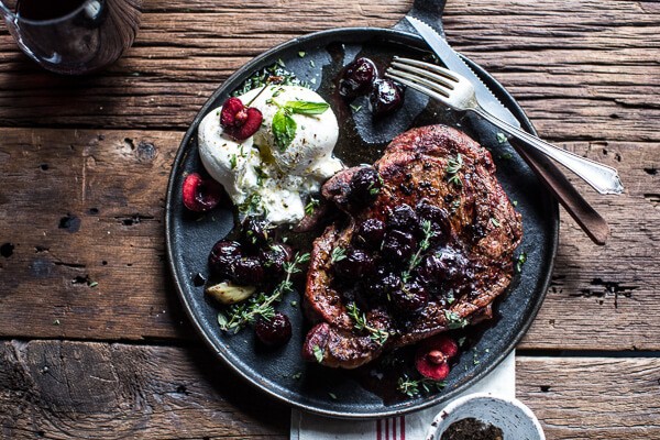 Smoked Ancho Chile Salted Steaks with Drunken Burst Sweet Cherries + Burrata | @hbharvest