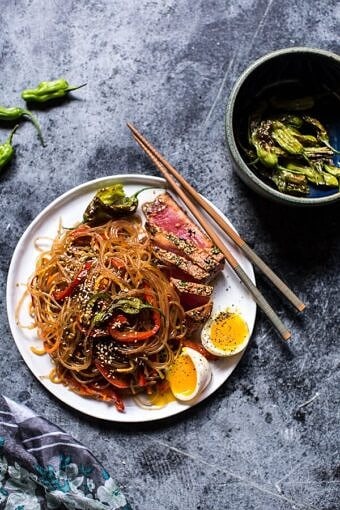 30 Minute Korean Stir Fried Shishito Pepper Rainbow Veggie Noodles with Seared Tuna | halfbakedharvest.com @hbharvest