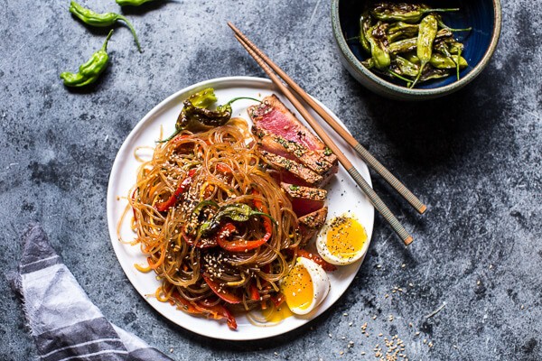 30 Minute Korean Stir Fried Shishito Pepper Rainbow Veggie Noodles with Seared Tuna | halfbakedharvest.com @hbharvest