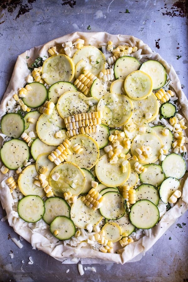 Zucchini and Roasted Sweet Corn Provolone Phyllo Pizza with Truffle Oil | halfbakedharvest.com @hbharvest