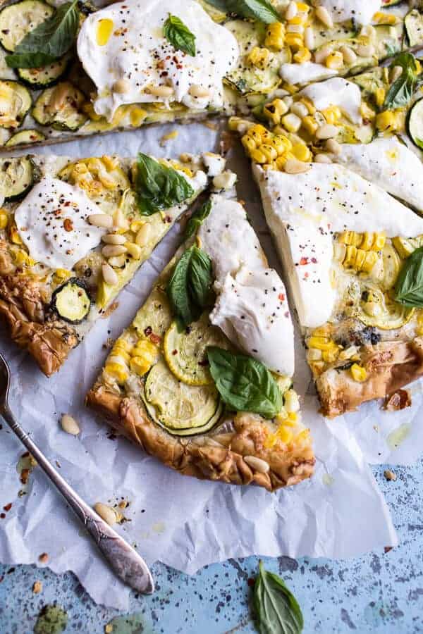 Zucchini and Roasted Sweet Corn Provolone Phyllo Pizza with Truffle Oil | halfbakedharvest.com @hbharvest