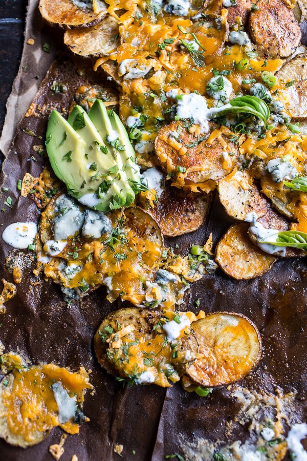 Crispy Buffalo Cheddar Potato Nachos | halfbakedharvest.com @hbharvest