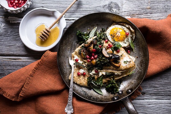 Buttered Hazelnut Crepes with Caramelized Wild Mushrooms, Kale and Goat Cheese | halfbakedharvest.com @hbharvest