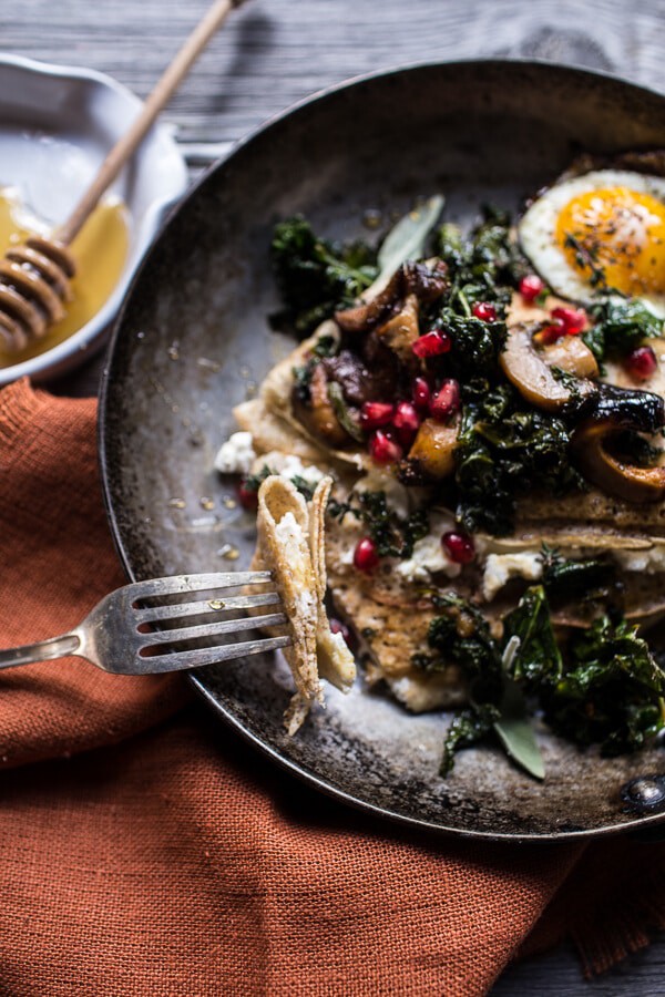 Buttered Hazelnut Crepes with Caramelized Wild Mushrooms, Kale and Goat Cheese | halfbakedharvest.com @hbharvest