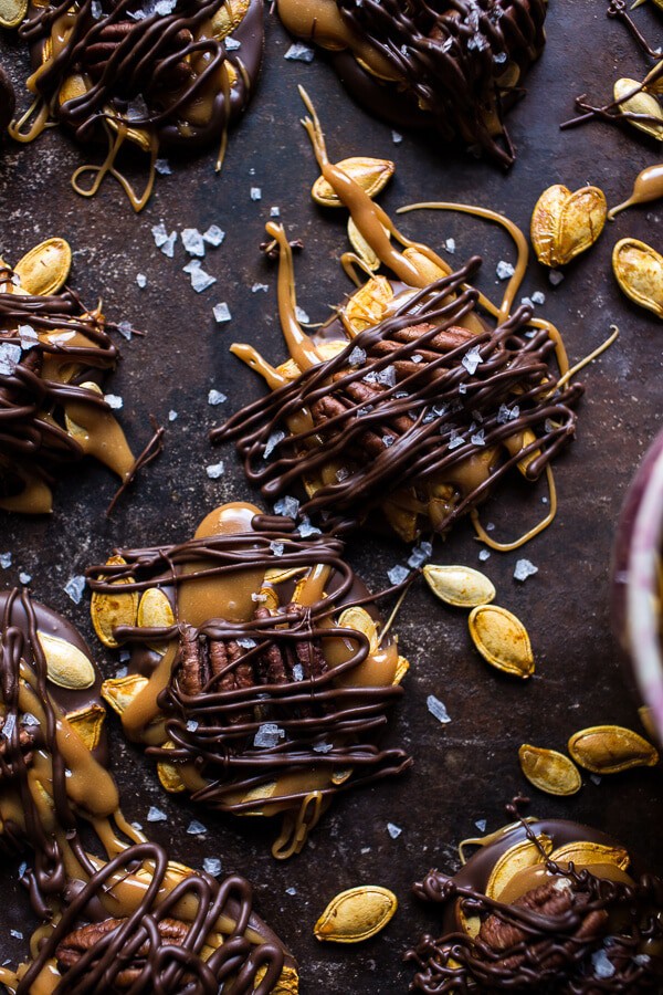 Chocolate Covered Roasted Pumpkin Seed Turtle Clusters | halfbakedharvest.com @hbharvest