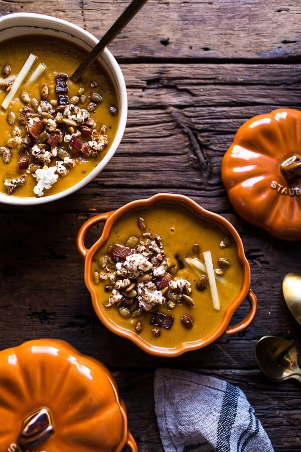 Smoky Pumpkin Beer and Cheddar Potato Soup with Candied Bacon Popcorn | halfbakedharvest.com @hbharvest