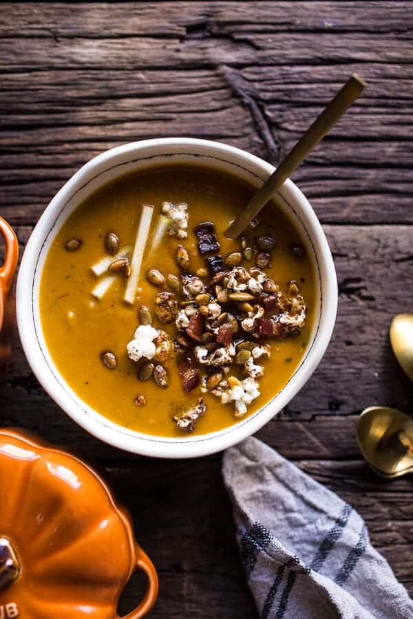 Smoky Pumpkin Beer and Cheddar Potato Soup with Candied Bacon Popcorn | halfbakedharvest.com @hbharvest