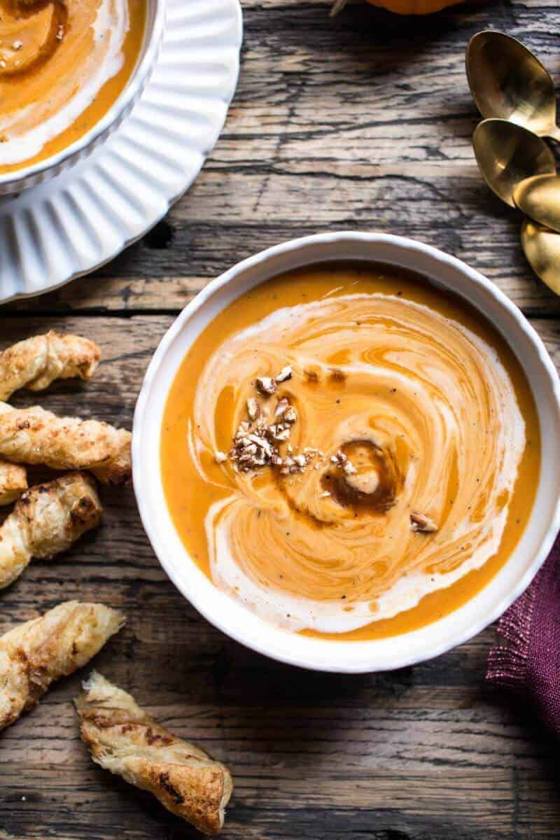 Maple Cream Sweet Potato Soup with Cheddar Cinnamon Sugar Twist | halfbakedharvest.com @hbharvest