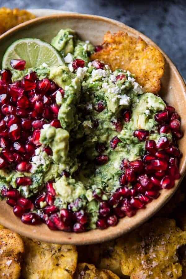 Pomegranate Guacamole with Fried Plantain Chips | halfbakedharvest.com @hbharvest