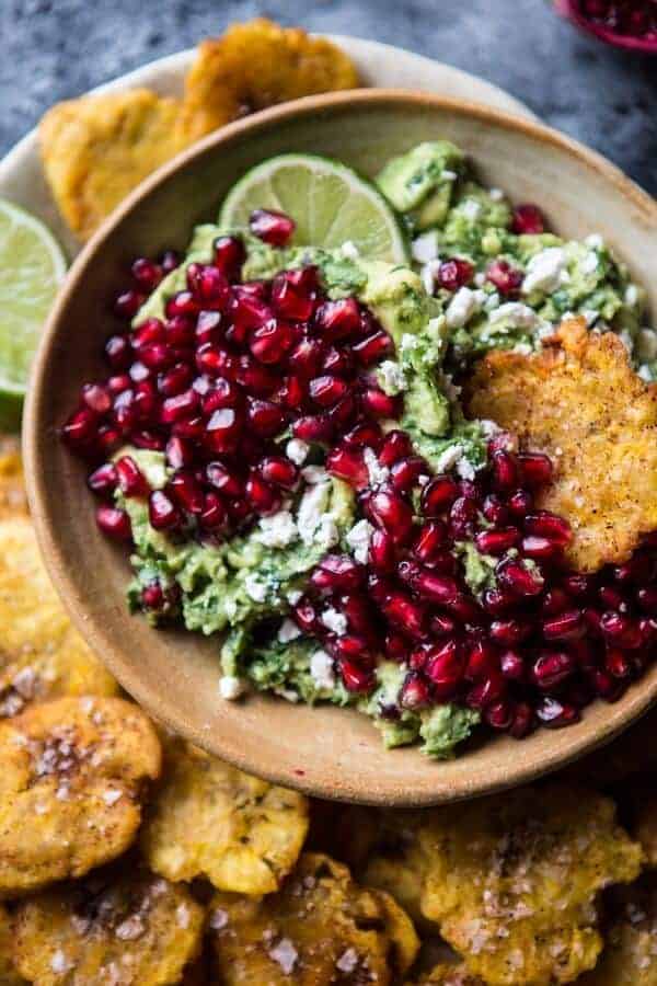 Pomegranate Guacamole with Fried Plantain Chips | halfbakedharvest.com @hbharvest