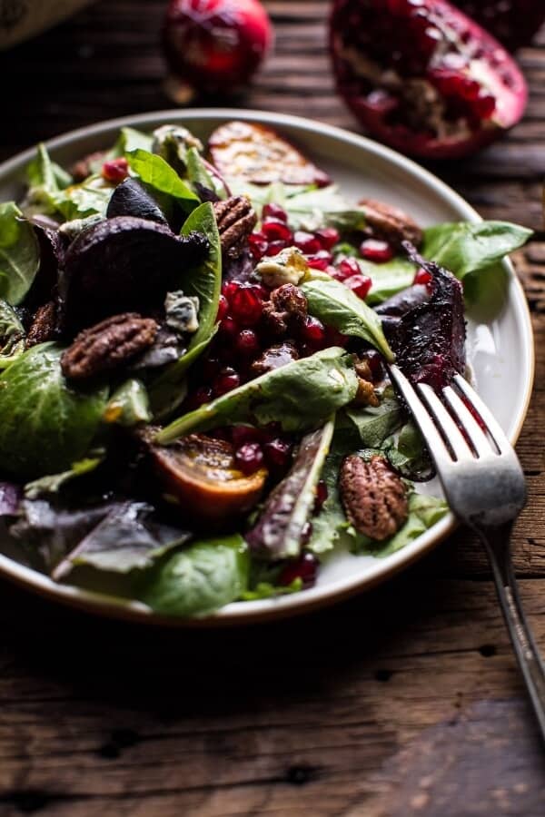 Winter Beet and Pomegranate Salad with Maple Candied Pecans + Balsamic Citrus Dressing | halfbakedharvest.com @hbharvest