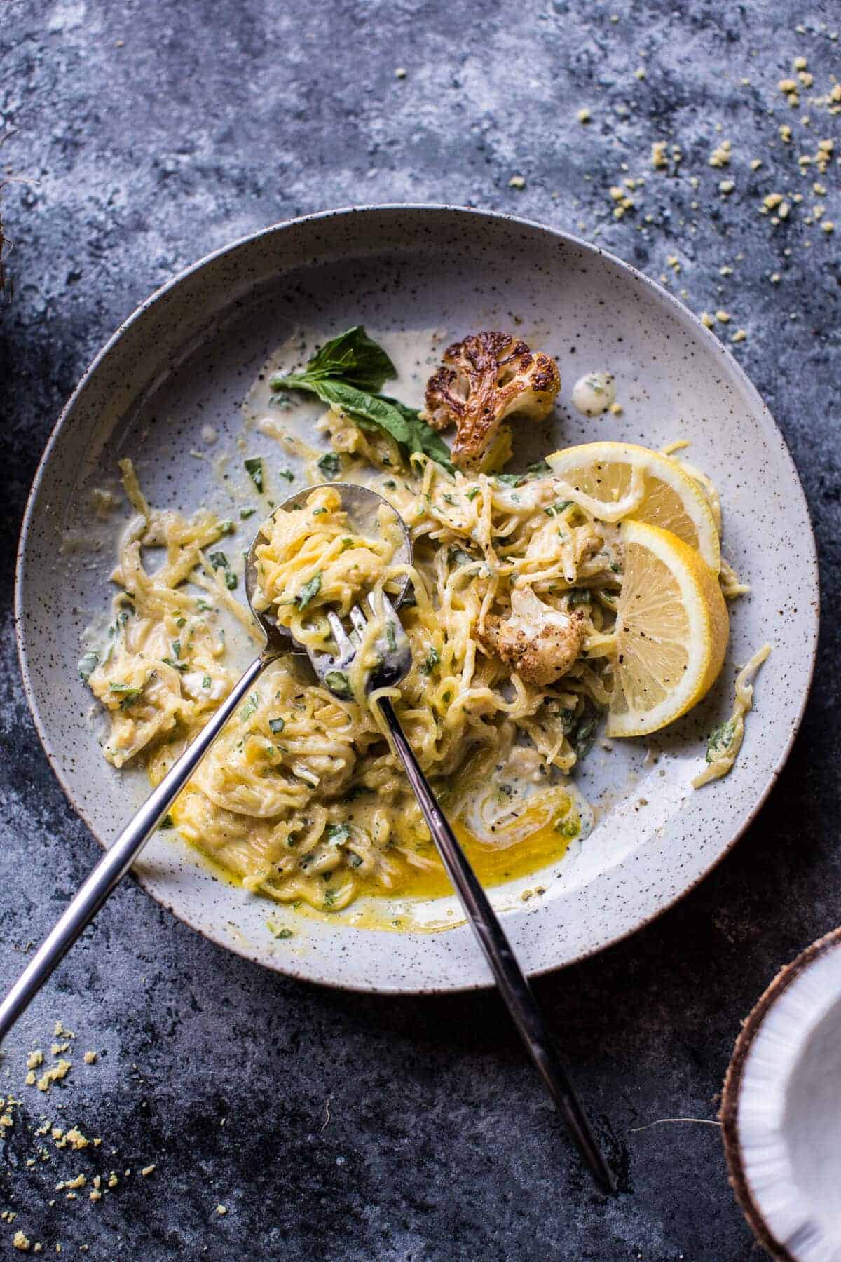 Creamy Coconut Cashew Spaghetti Squash "Alfredo" with Roasted Cauliflower | halfbakedharvest.com @hbharvest