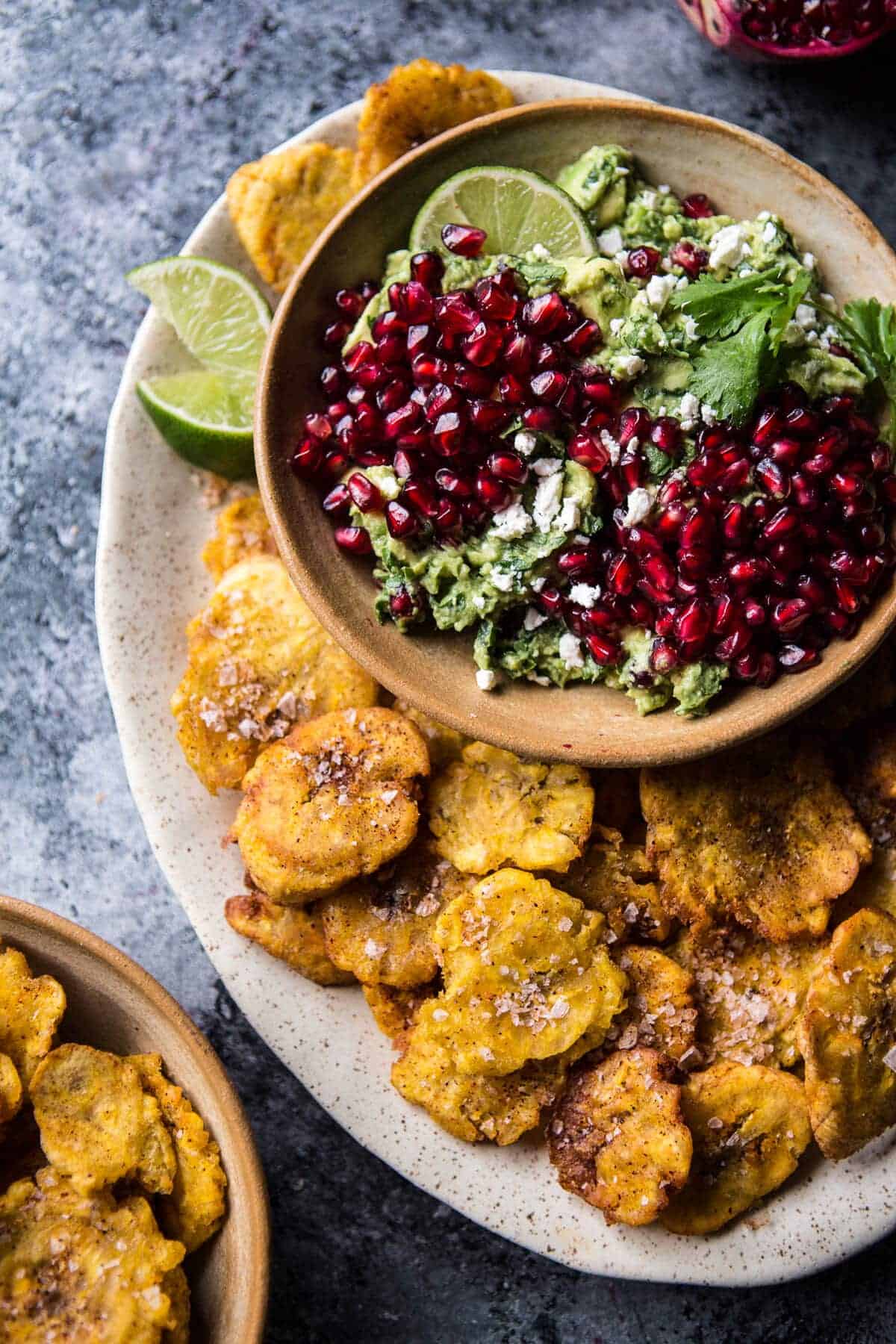 Pomegranate Guacamole with Fried Plantain Chips | halfbakedharvest.com @hbharvest