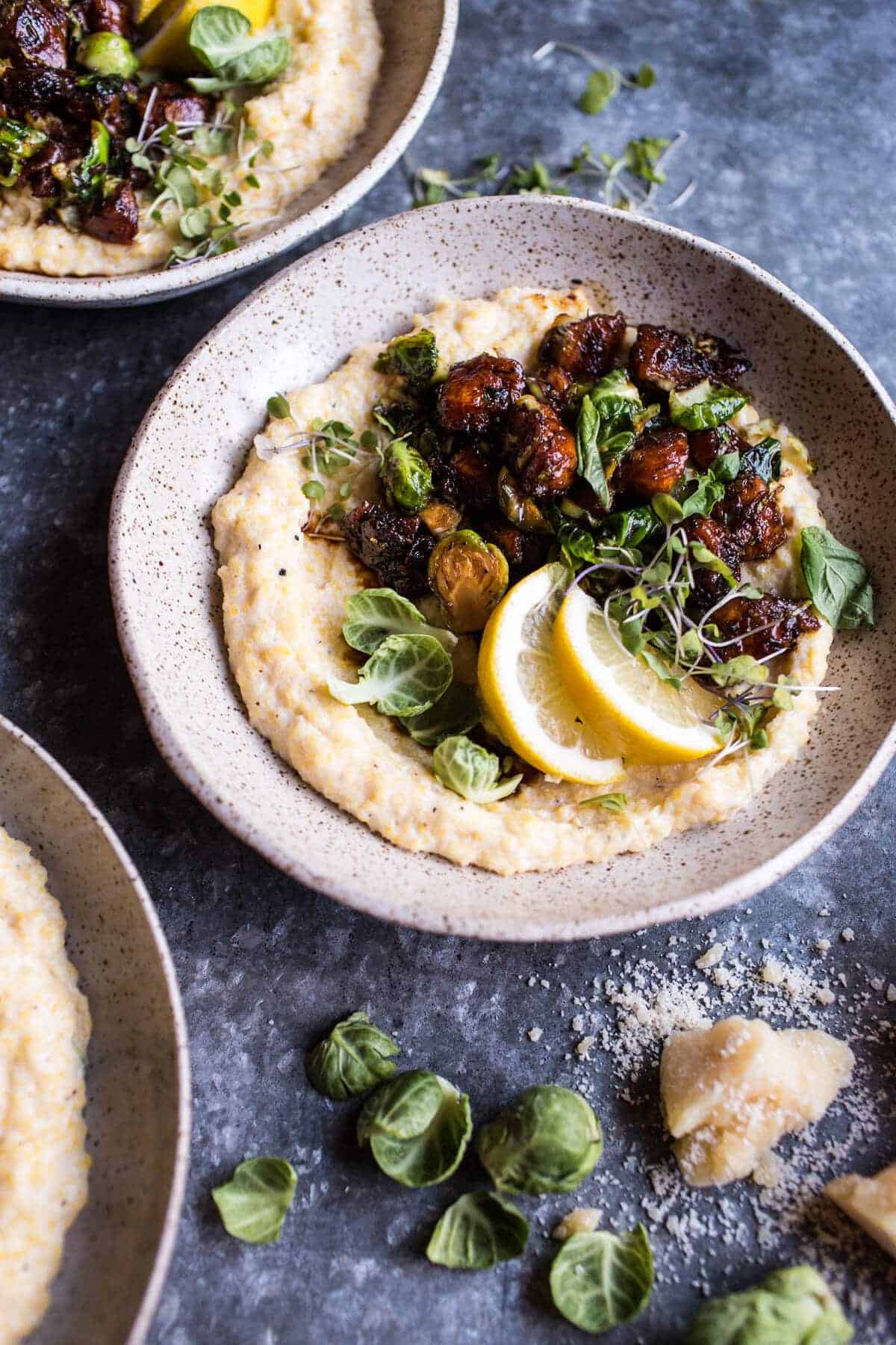 Honey Balsamic and Lemon Brussels Sprout Chicken with Goat Cheese Polenta | halfbakedharvest.com @hbharvest