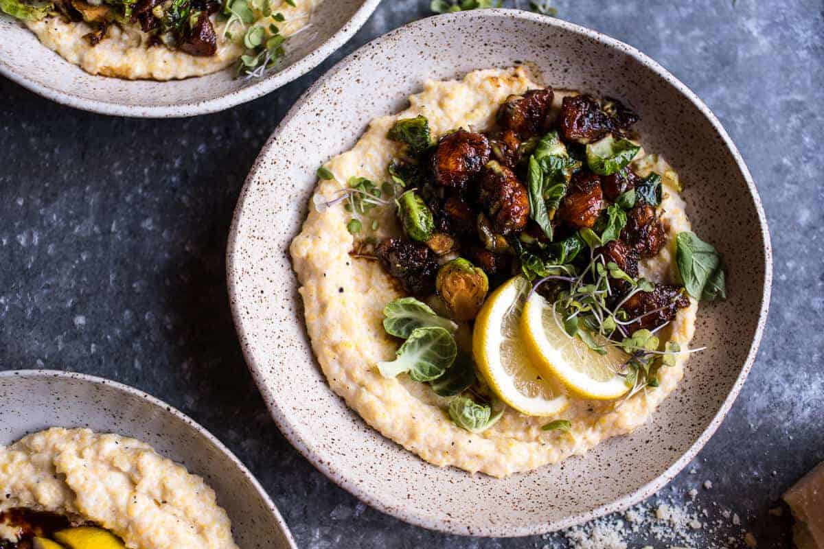 Honey Balsamic and Lemon Brussels Sprout Chicken with Goat Cheese Polenta | halfbakedharvest.com @hbharvest
