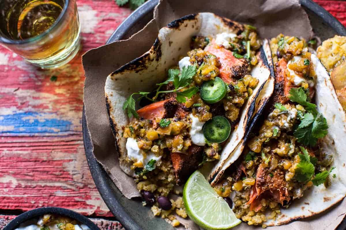 Jamaican Jerk Fish Tacos with Plantain Fried Rice and Pineapple Salsa | halfbakedharvest.com @hbharvest