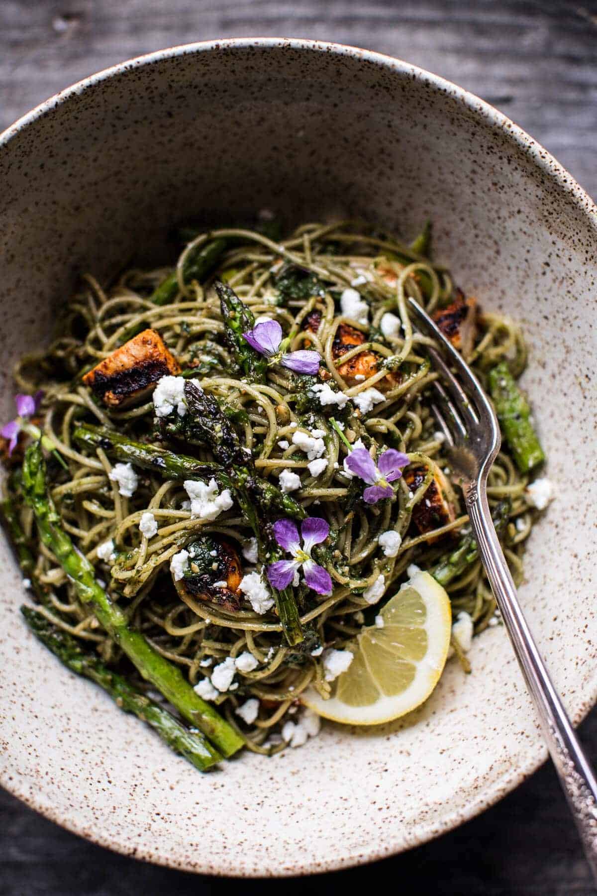 Charred Asparagus and Sunflower Seed Pesto Pasta with Blackened Lemon Chicken | halfbakedharvest.com @hbharvest