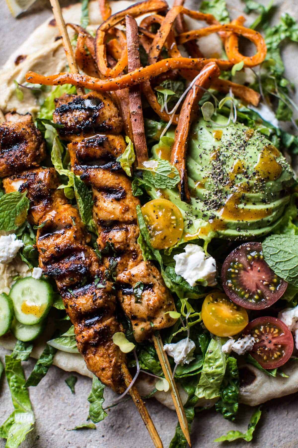 Chicken Shawarma Naan Salad with Sweet Potato Fries | halfbakedharvest.com @hbharvest