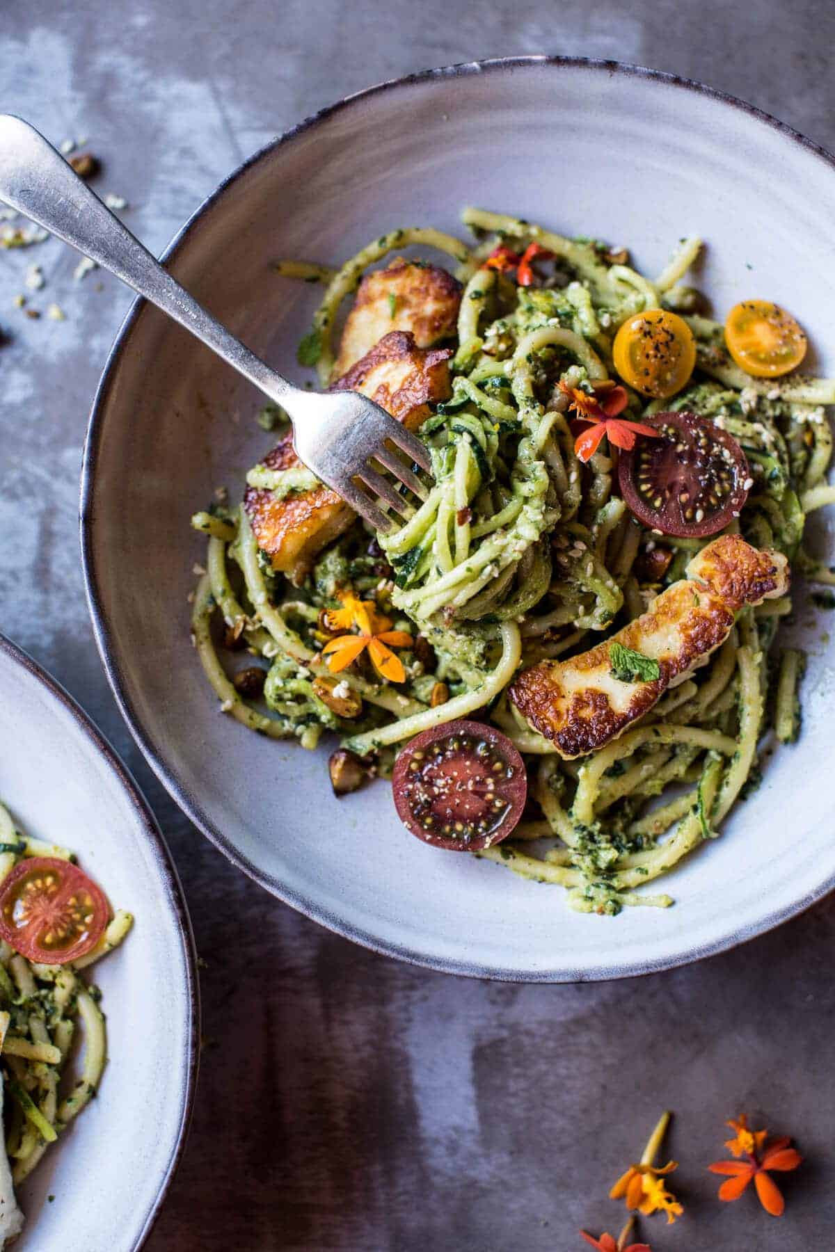  Green Goddess Zucchini Pasta with Fried Halloumi | halfbakedharvest.com @hbharvest