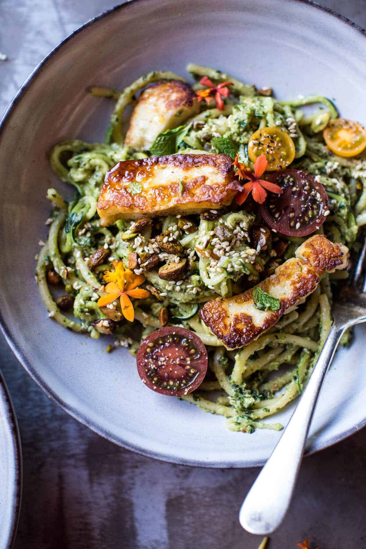  Green Goddess Zucchini Pasta with Fried Halloumi | halfbakedharvest.com @hbharvest