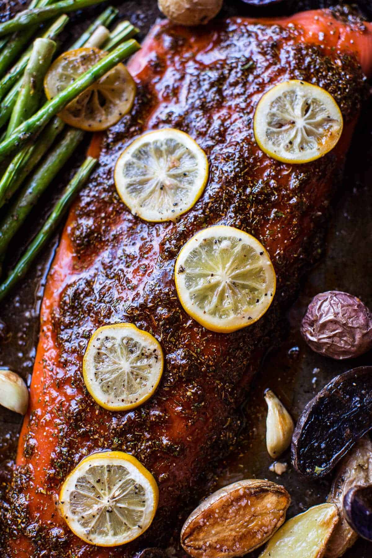 One Pan Lemon Roasted Salmon, Potatoes and Parmesan Asparagus | halfbakedharvest.com @hbharvest