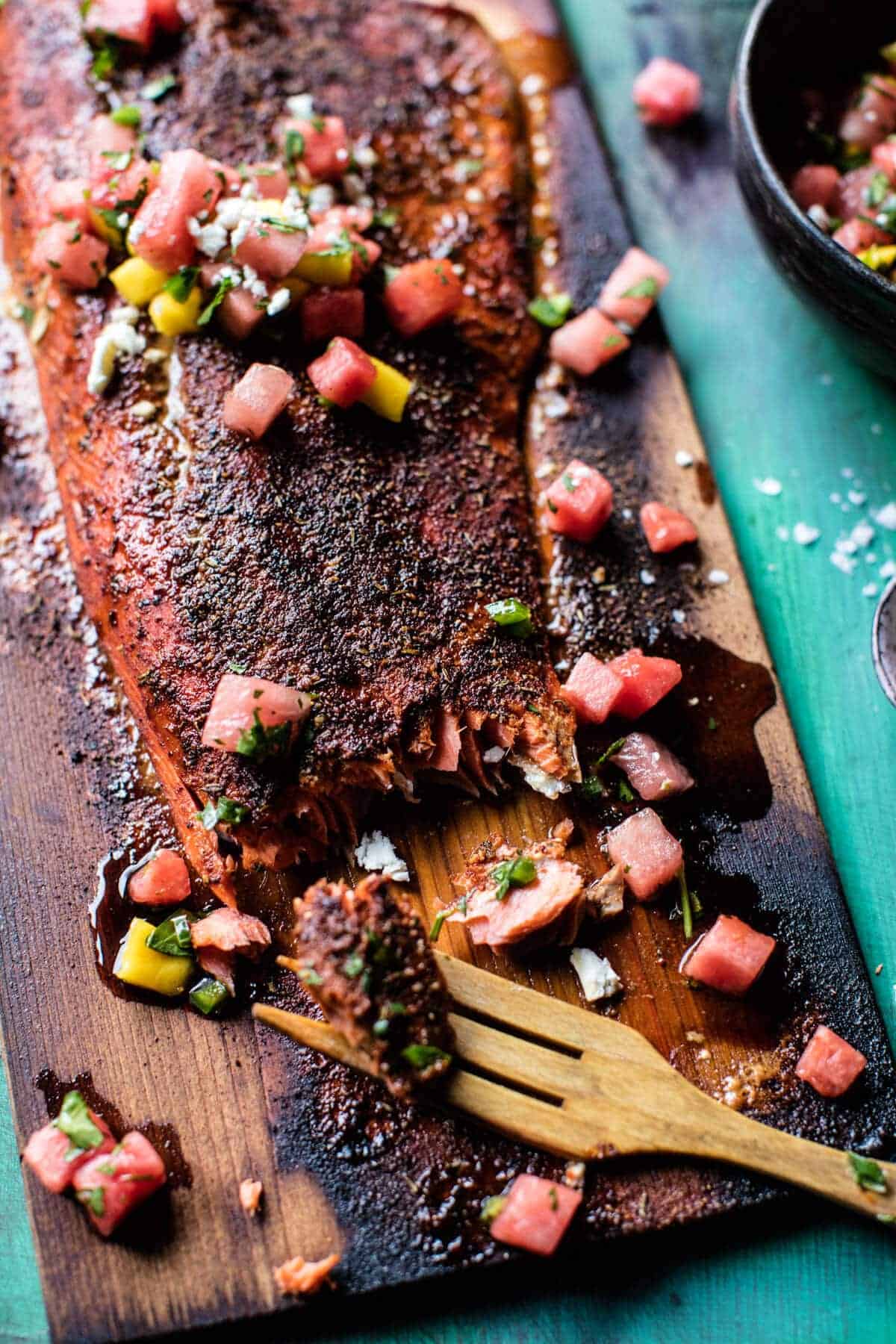 Cedar Plank Salmon with Watermelon Feta Salsa | halfbakedharvest.com @hbharvest