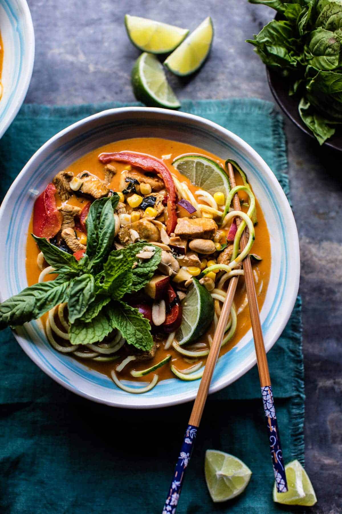 Basil Chicken Curry Zucchini Noodle Bowls | halfbakedharvest.com @hbharvest