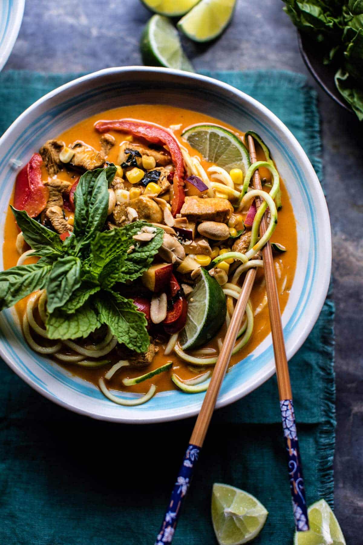 Basil Chicken Curry Zucchini Noodle Bowls | halfbakedharvest.com @hbharvest