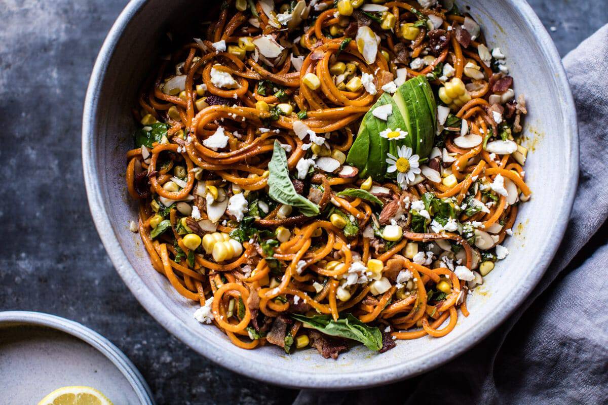 Corn, Feta and Basil Sweet Potato Noodle Carbonara | halfbakedharvest.com @hbharvest