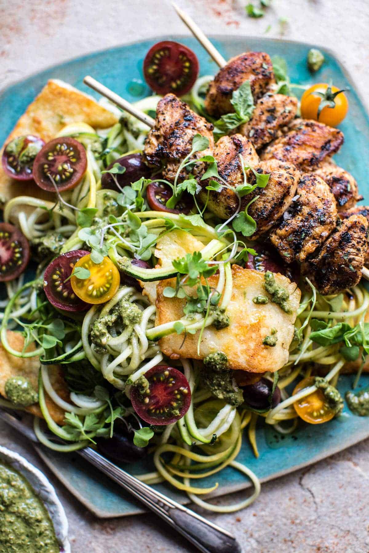 Mediterranean Chicken and Summer Squash Noodles with Fried Halloumi | halfbakedharvest.com @hbharvest