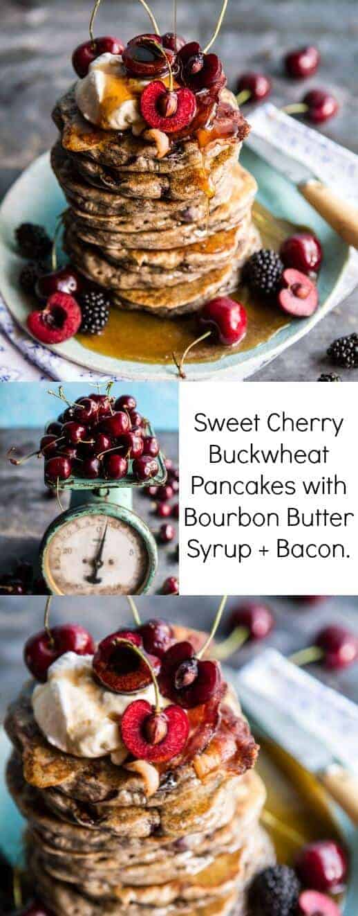 Sweet Cherry Buckwheat Pancakes with Bourbon Butter Syrup + Bacon | halfbakedharvest.com @hbharvest
