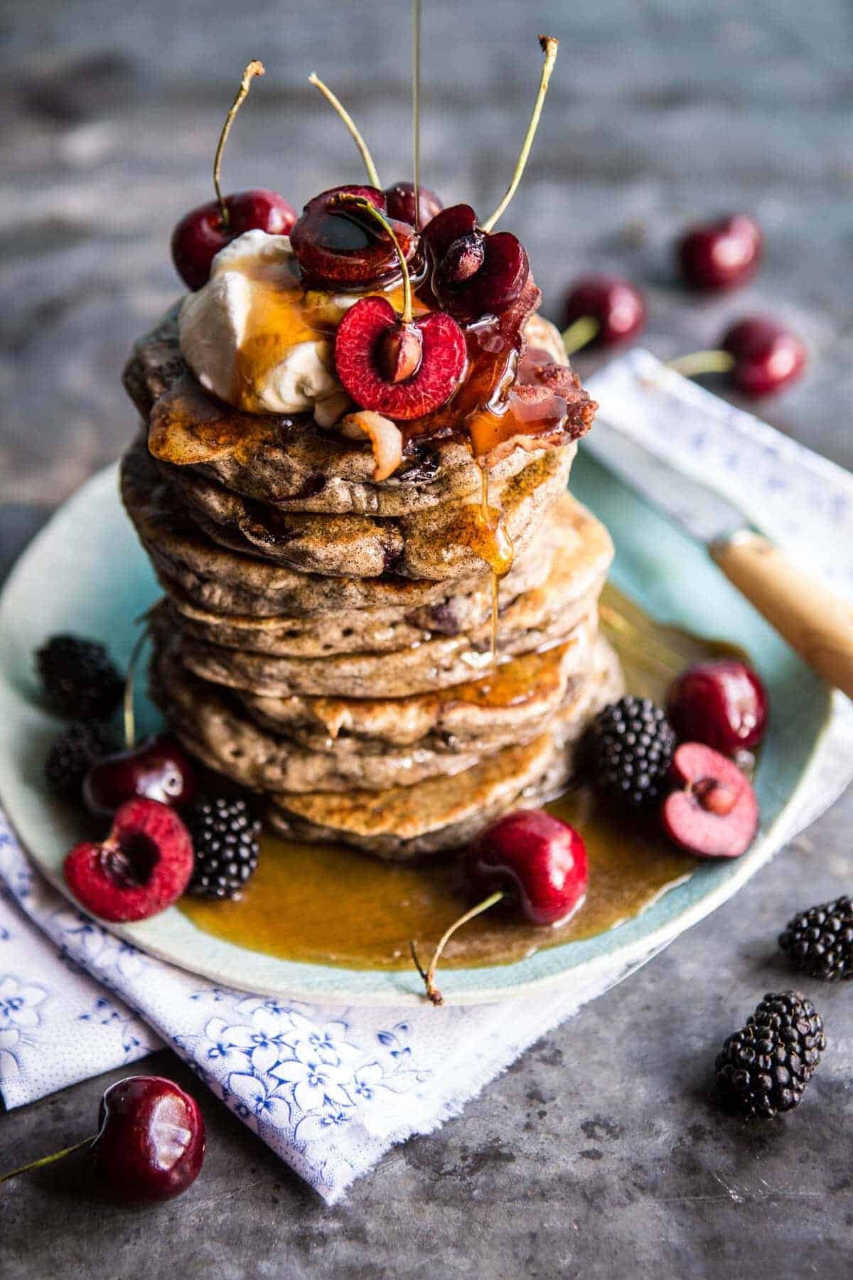 Sweet Cherry Buckwheat Pancakes with Bourbon Butter Syrup + Bacon | halfbakedharvest.com @hbharvest
