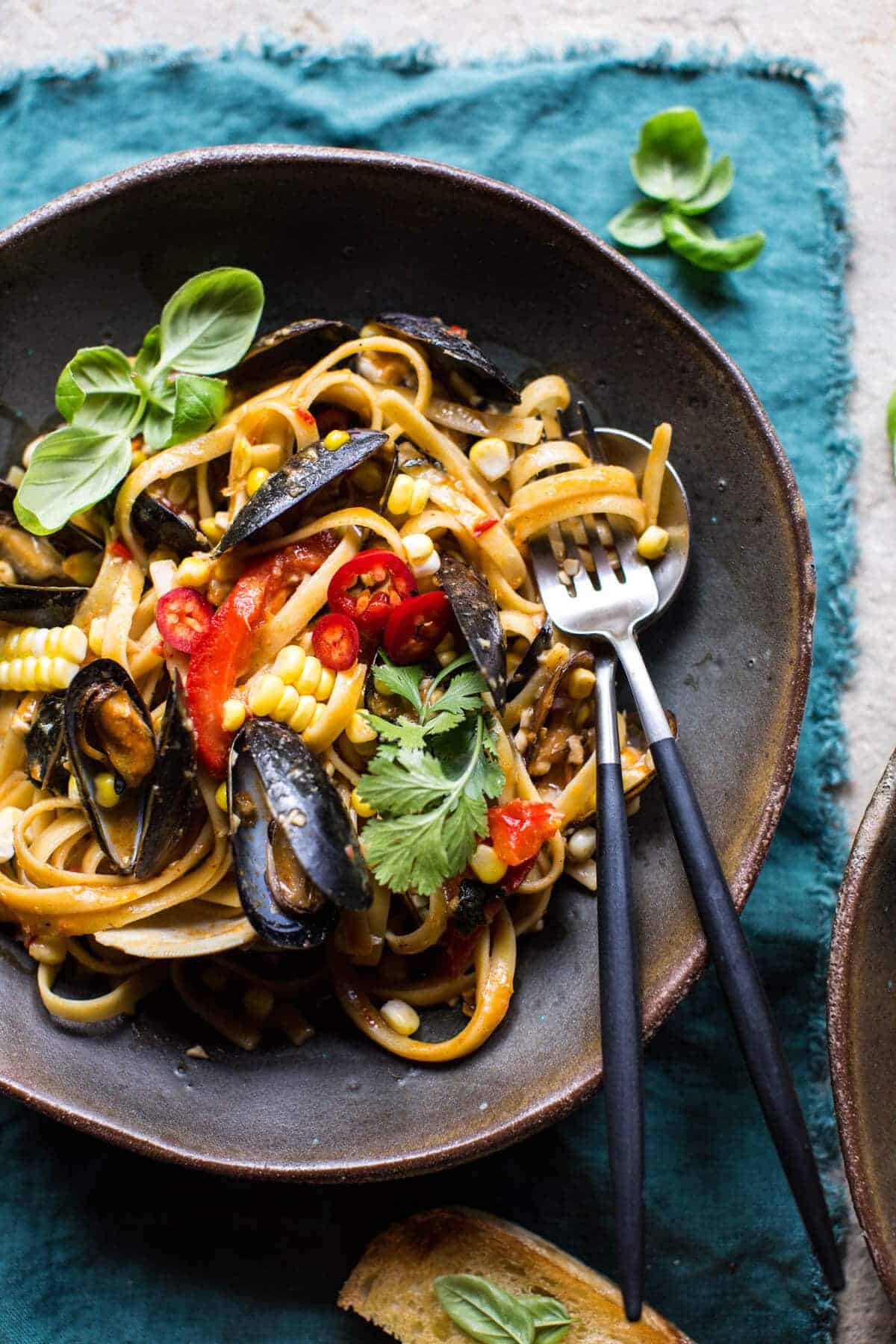 Basil Coconut Curry Pasta with Clams, Mussels and Corn | halfbakedharvest.com @hbharvest