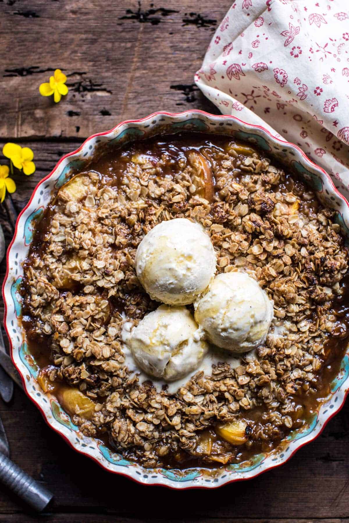 Brown Sugar Caramel Oatmeal Cookie Peach Crisp | halfbakedharvest.com @hbharvest