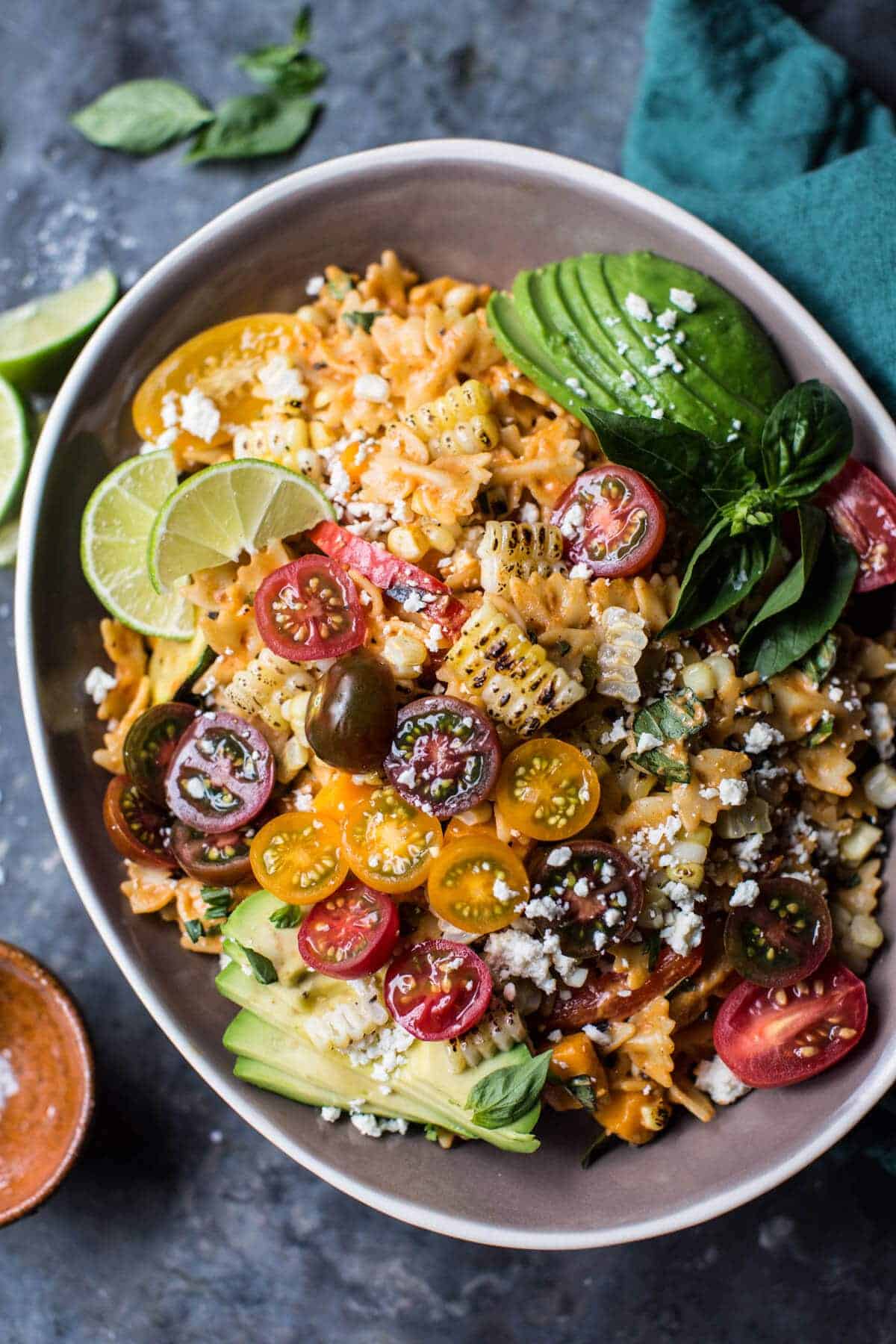 Charred Corn and Zucchini Enchilada Pasta Salad | halfbakedharvest.com @hbharvest
