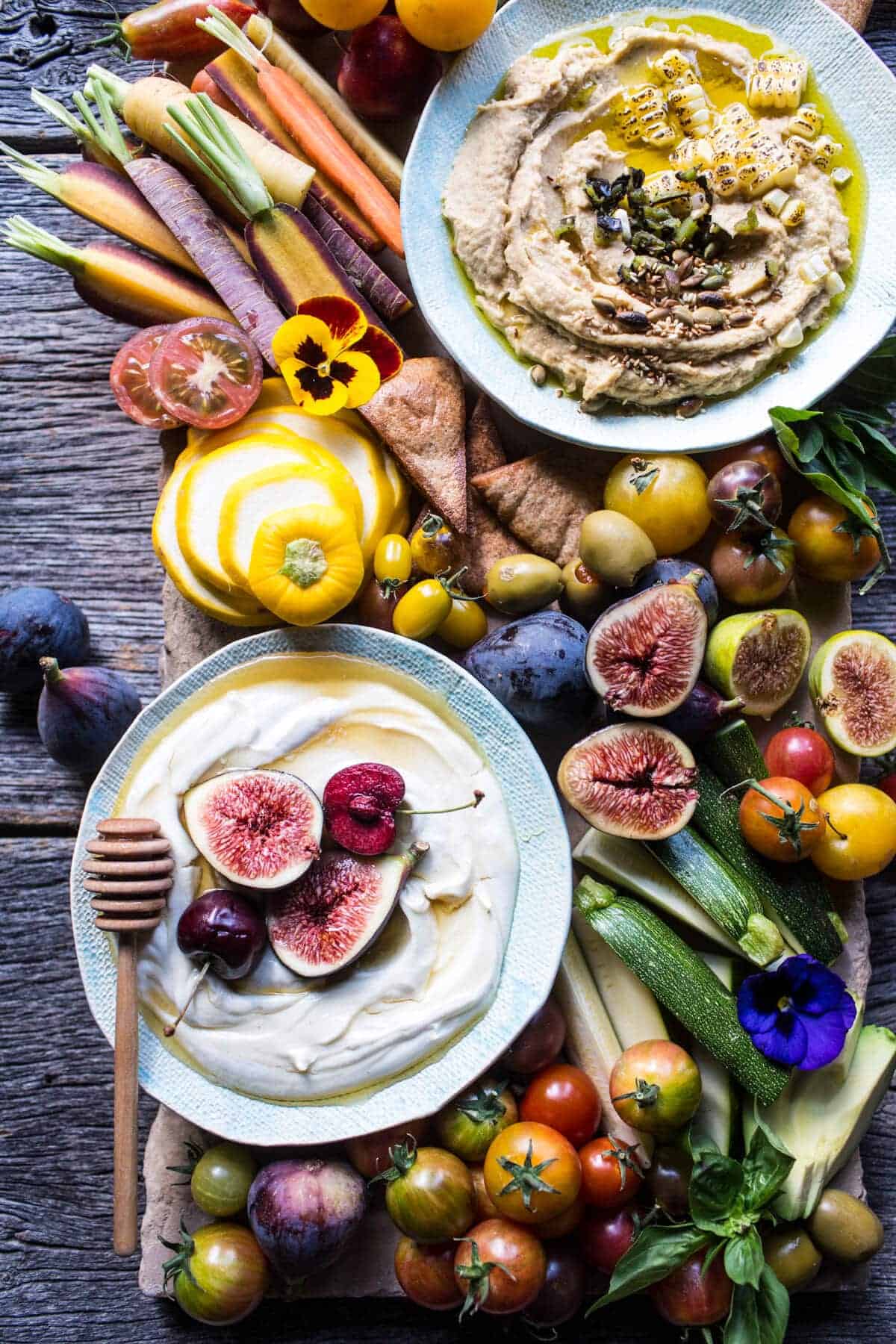 Market Veggie Board with Roasted Corn Jalapeno Hummus + Honey Whipped Goat Cheese | halfbakedharvest.com @hbharvest