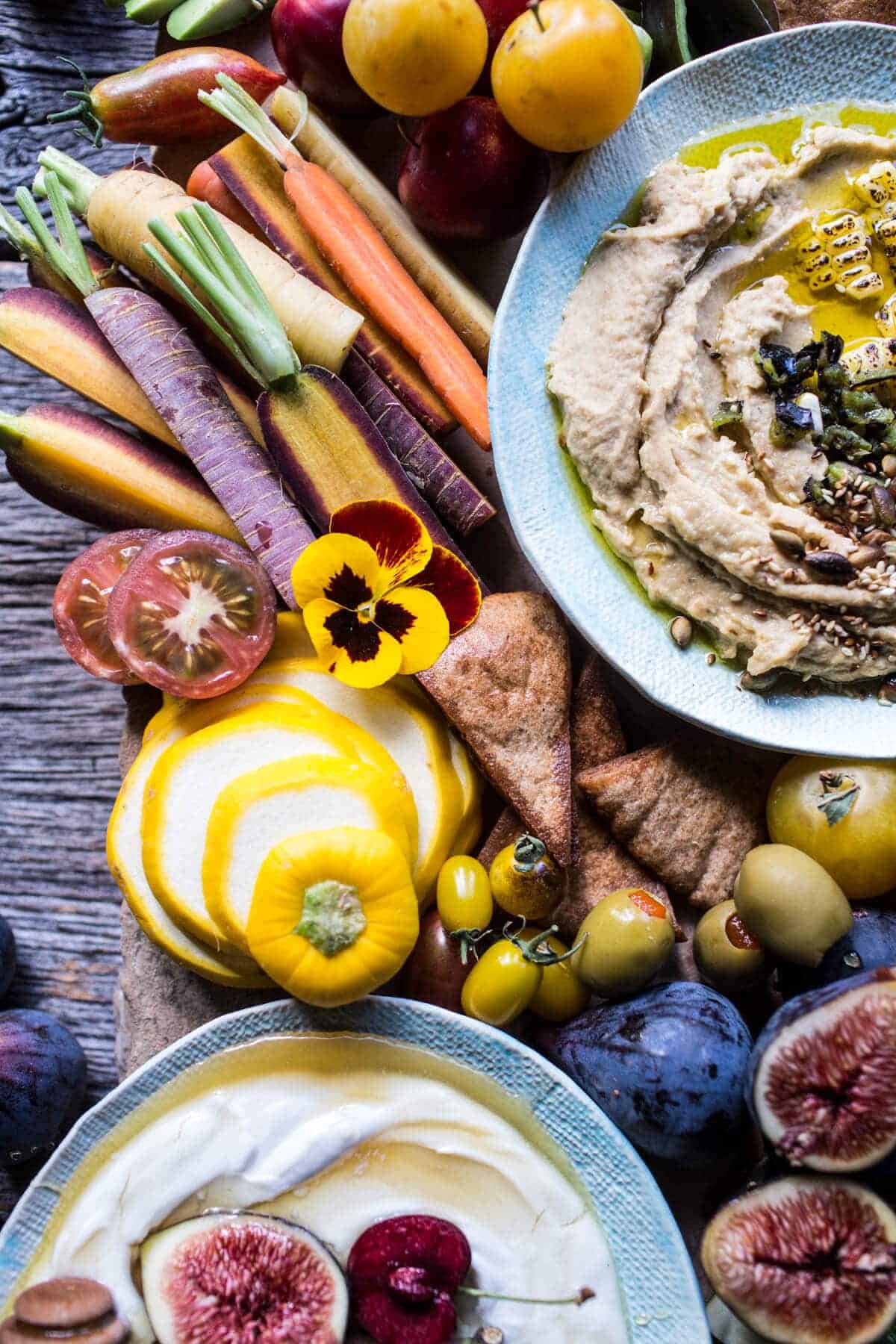 Market Veggie Board with Roasted Corn Jalapeno Hummus + Honey Whipped Goat Cheese | halfbakedharvest.com @hbharvest
