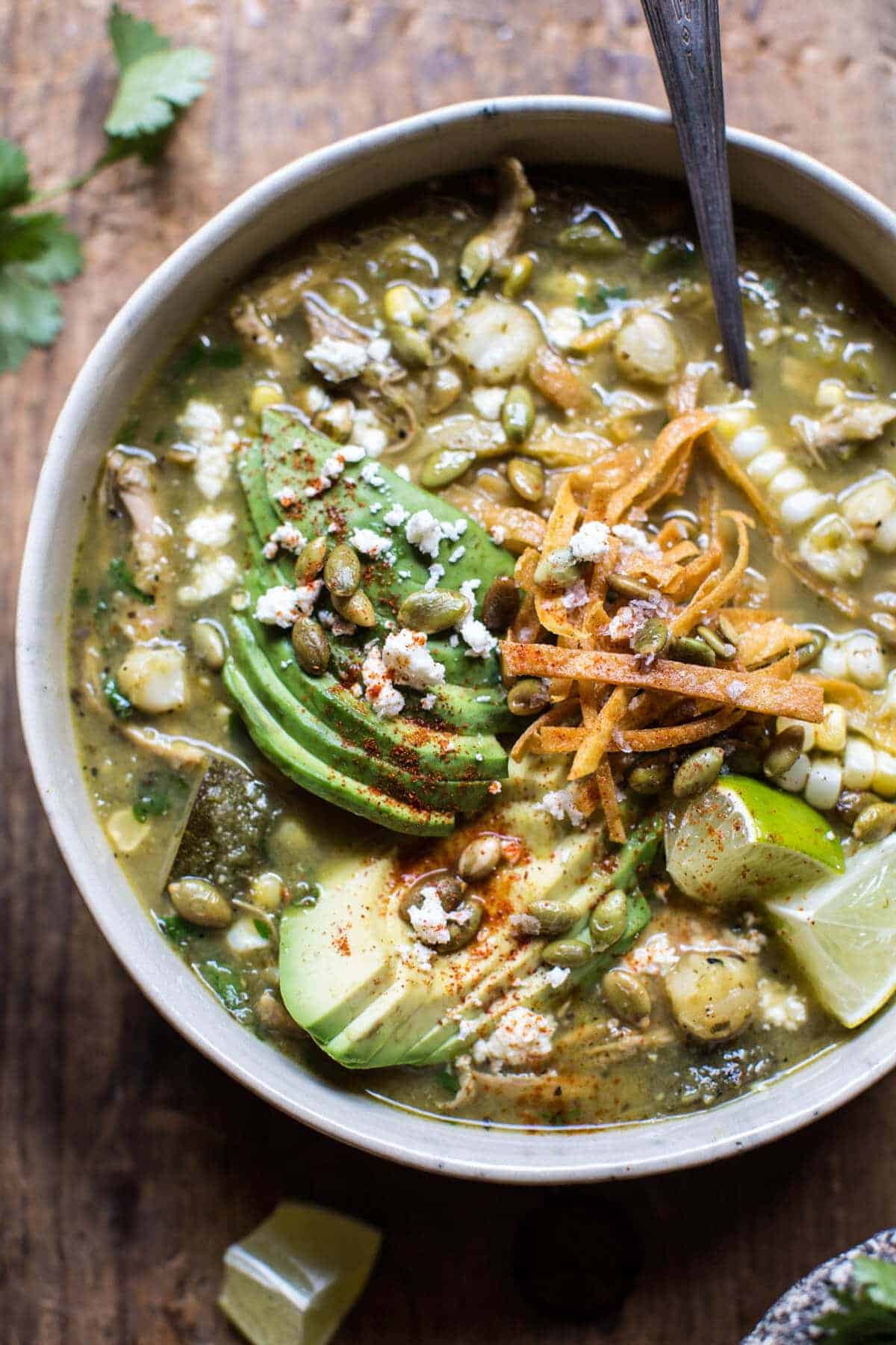 Crockpot Salsa Verde Chicken Pozole | halfbakedharvest.com @hbharvest