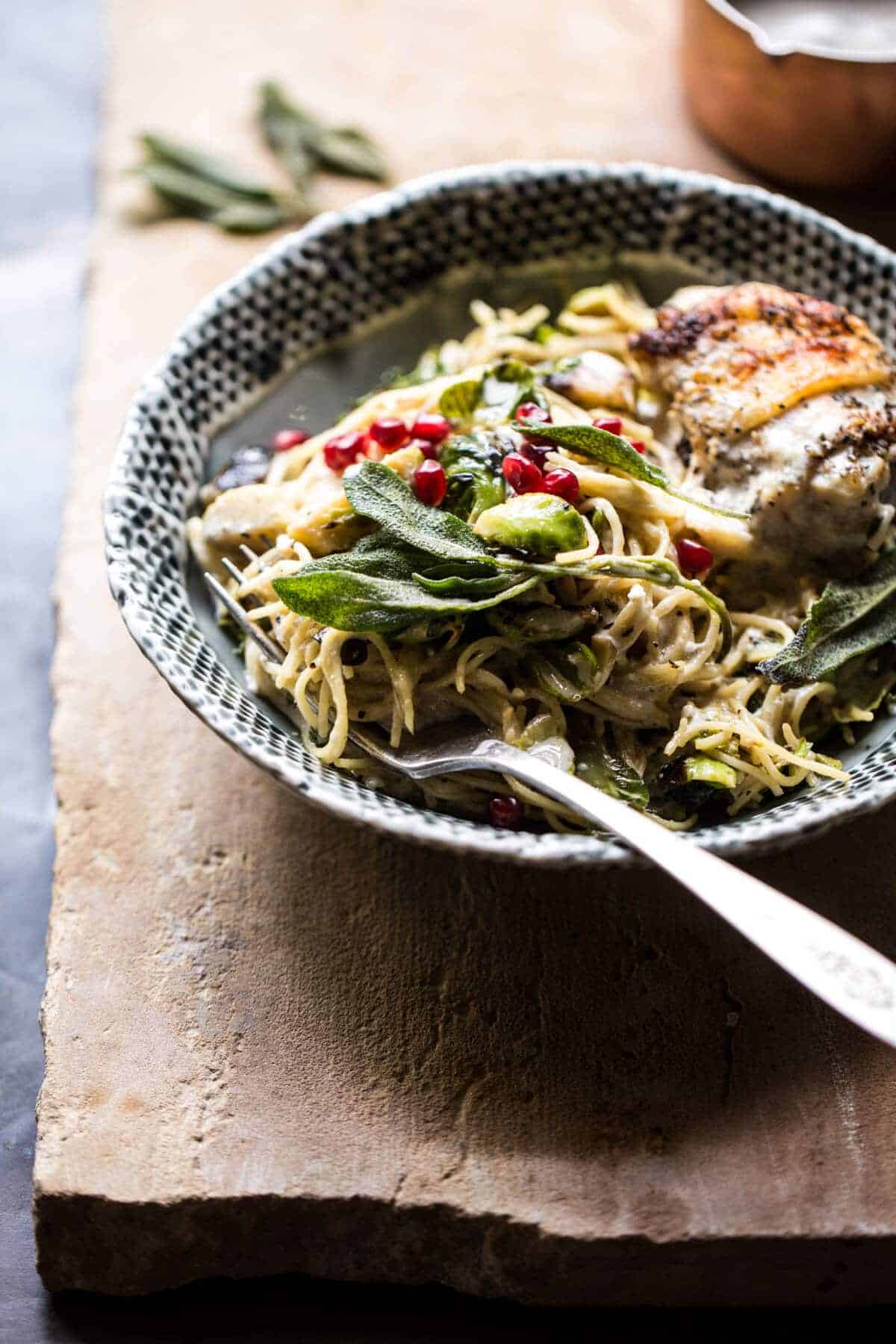 Sage Butter Lemon Roasted Chicken in Goat Milk With Brussels Sprout Pasta | halfbakedharvest.com @hbharvest