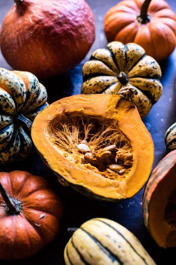Brussels Sprout Carbonara with Pomegranate Roasted Winter Squash | halfbakedharvest.com @hbharvest