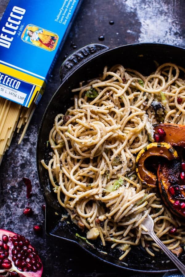 Brussels Sprout Carbonara with Pomegranate Roasted Winter Squash | halfbakedharvest.com @hbharvest