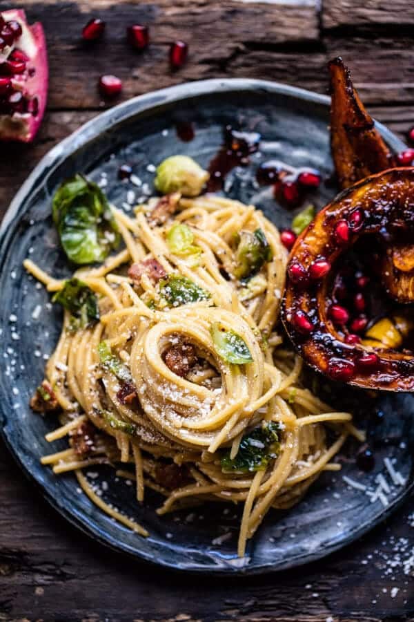 Brussels Sprout Carbonara with Pomegranate Roasted Winter Squash | halfbakedharvest.com @hbharvest