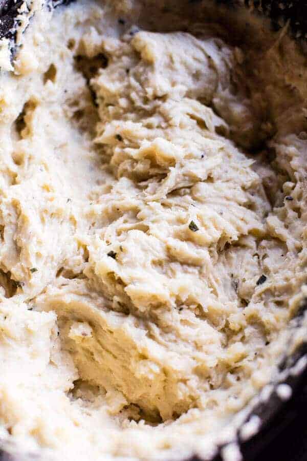 Crockpot Three Cheese Mashed Potatoes | halfbakedharvest.com @hbharvest