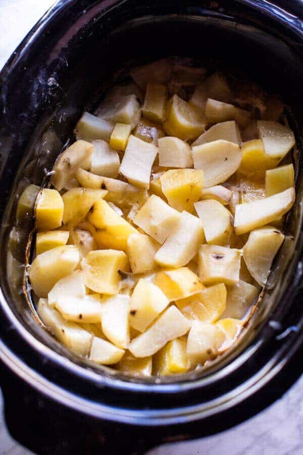 Crockpot Three Cheese Mashed Potatoes | halfbakedharvest.com @hbharvest