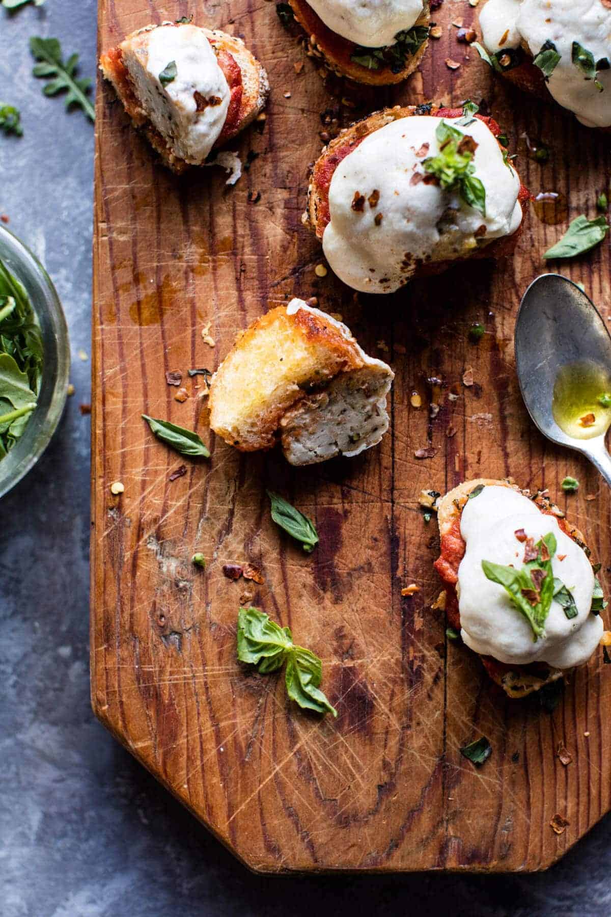 Chicken Parmesan Meatball Crostini | halfbakedharvest.com @hbharvest