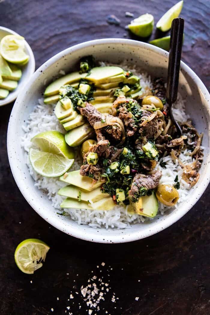 Cuban Style Steak and Avocado Rice with Pineapple Chimichurri | halfbakedharvest.com @hbharvest