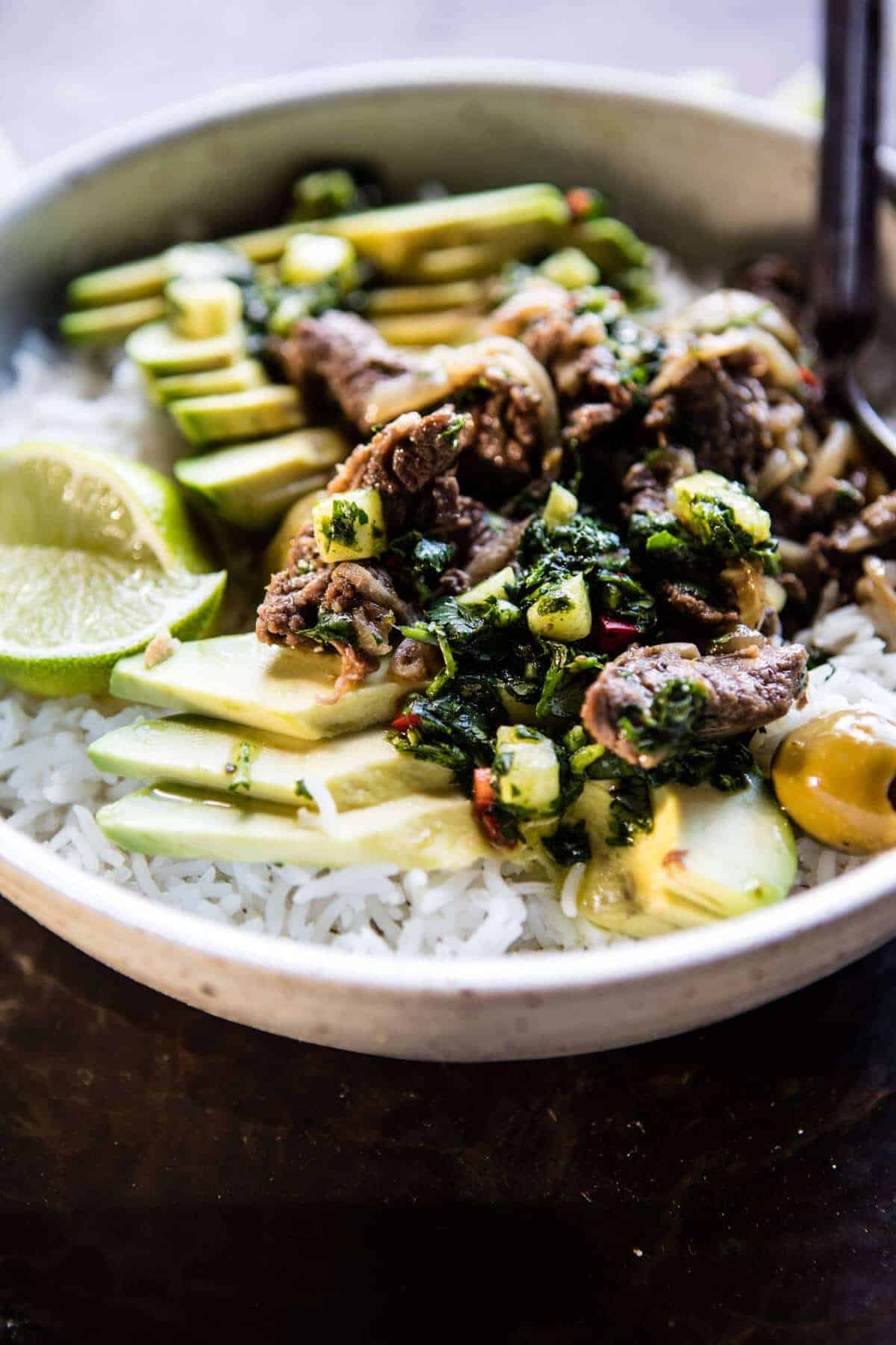 Cuban Style Steak and Avocado Rice with Pineapple Chimichurri | halfbakedharvest.com @hbharvest